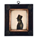 English Profilist, c1830 - Silhouette of a Gentleman, bust length in a top hat, painted on card,