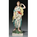 A Staffordshire pearlware figure of Diana, c1820, painted in overglaze enamel colours, on square