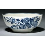 A Worcester bowl, c1780, transfer printed in underglaze blue with the Fence pattern, 20.5cm diam,