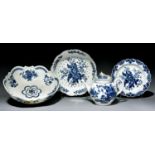 A Worcester salad bowl, cress dish, plate and teapot and cover, c1770 and c1780, painted or