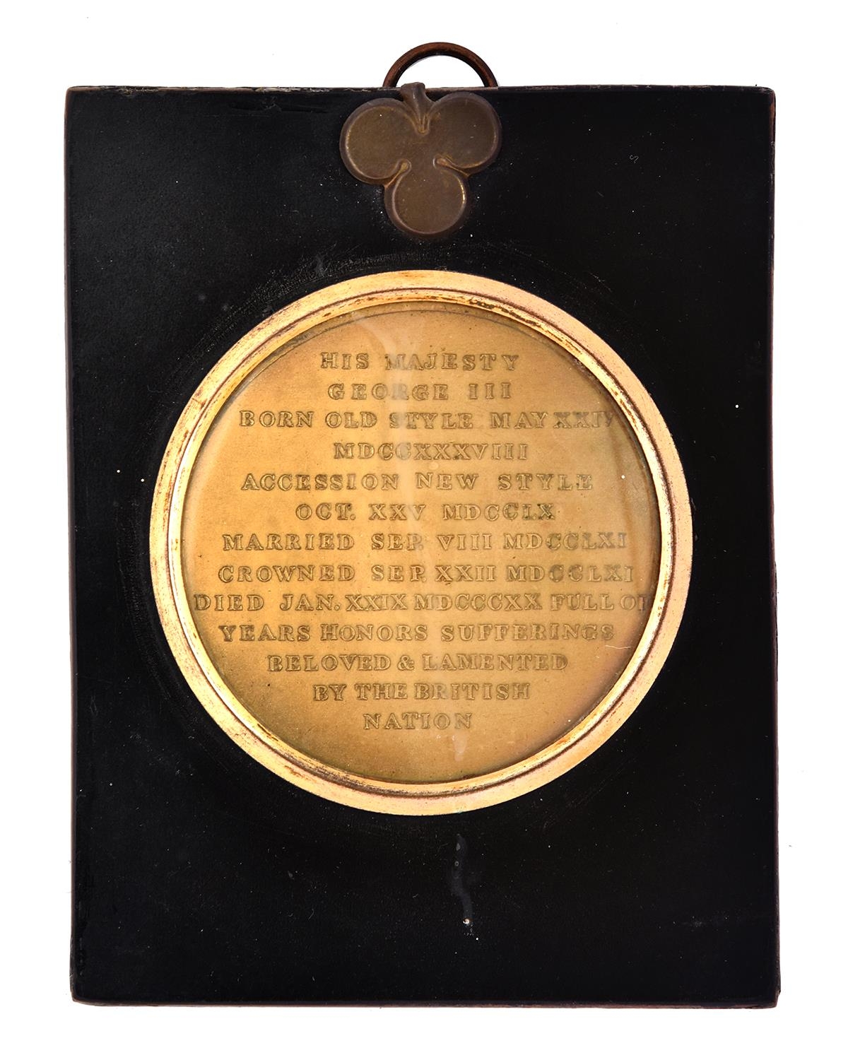 A George III memorial uniface or cliche medal, c1820, giltmetal, 70mm, papier maché frame