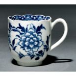 A Worcester coffee cup, c1770, painted in underglaze blue with the Scalloped Peony pattern, 65mm h