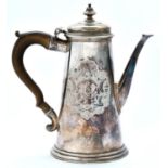 A George II silver coffee pot, the bun lid with pear shaped knop, engraved with armorials, 21cm h,