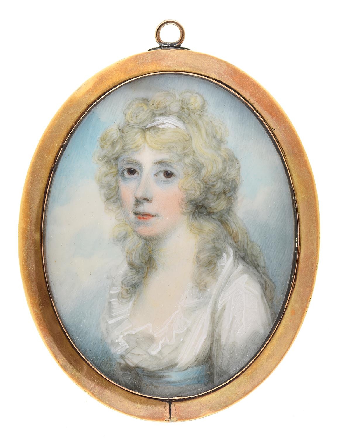 Peter Holland (1757-c1812) - Portrait Miniature of a Lady, in frilled white dress with pale blue