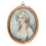 Peter Holland (1757-c1812) - Portrait Miniature of a Lady, in frilled white dress with pale blue