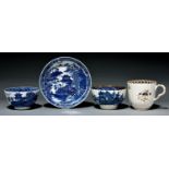 A Caughley tea bowl and saucer, larger tea bowl and coffee cup, c1790, transfer printed in