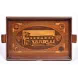 A rectangular mahogany and marquetry gallery tray, early 20th century, decorated with Crosthwaite