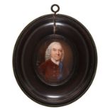 English School, 18th c - Portrait Miniature of John Chandler, in powdered wig and blue lined brown