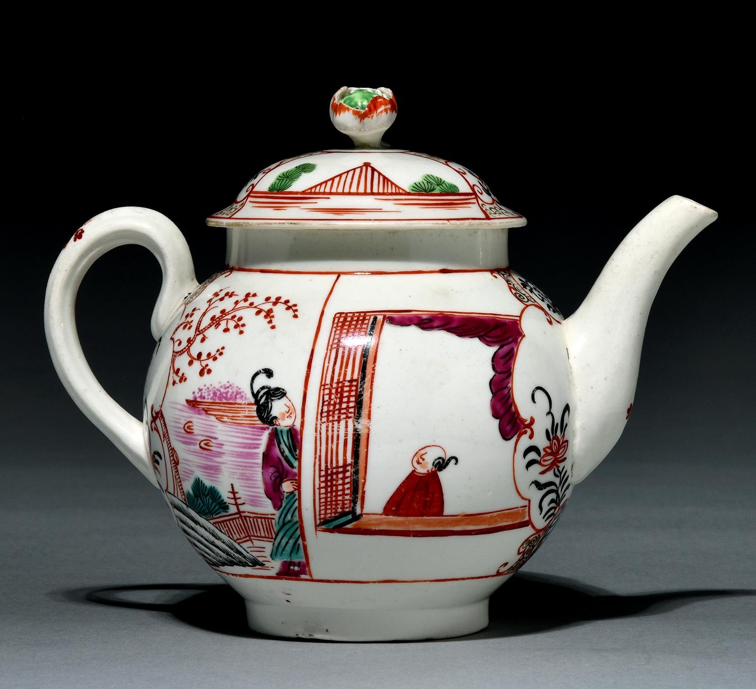 A Worcester polychrome teapot and cover, c1775, painted in famille rose style with a group of