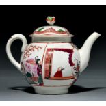 A Worcester polychrome teapot and cover, c1775, painted in famille rose style with a group of