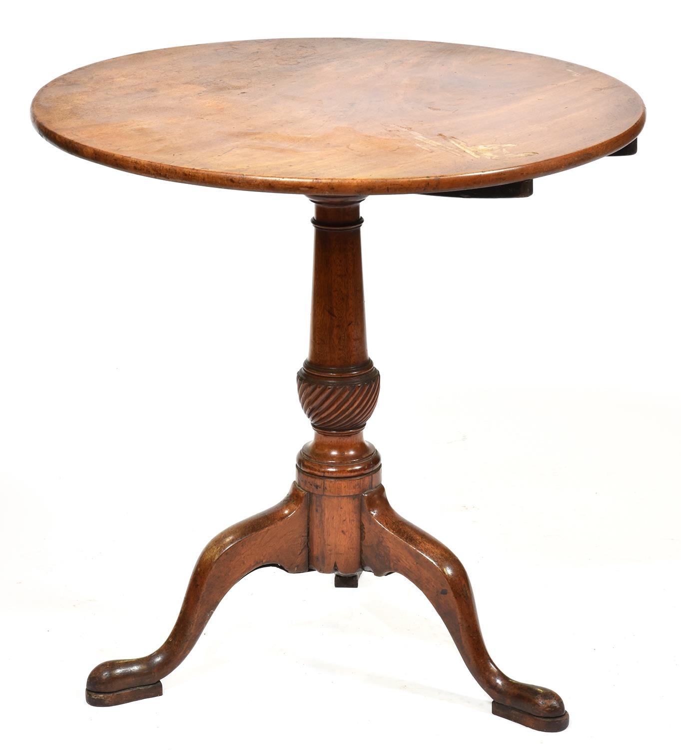 A George III mahogany tripod table, late 18th c, the tapered pillar with spirally reed knop, on
