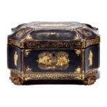 A Chinese black and gold lacquer tea chest, mid 19th c, containing a pair of engraved pewter tea