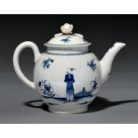 A Worcester teapot and cover, c1770, painted in underglaze blue with the Waiting Chinaman pattern,