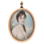 English School, early 19th c - Portrait Miniature of a Lady, her long dark hair tied with a ribbon
