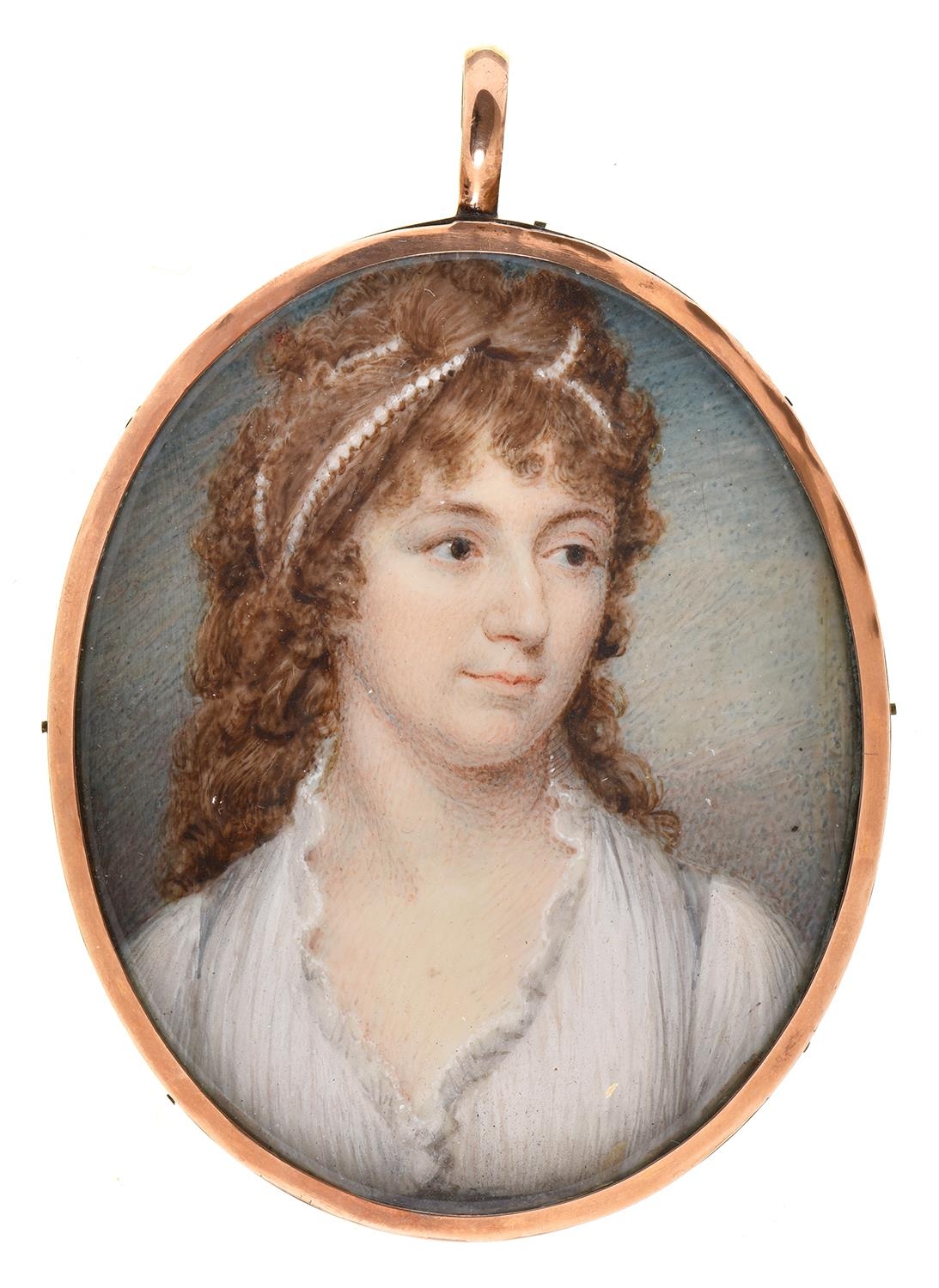 English School, late 18th c - Portrait Miniature of a Lady, wearing pearls in her long light brown