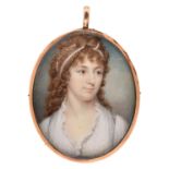 English School, late 18th c - Portrait Miniature of a Lady, wearing pearls in her long light brown
