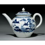 A Liverpool teapot and cover, Philip Christian, c1770, painted in underglaze blue with a house on