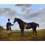 F Clarke (fl. mid 19th c) ‘ Portrait of a Stallion and its Groom in Parkland, a country house in the