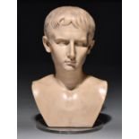 A marble resin bust of the Emperor Augustus, 20th century, after the antique, on Perspex base,