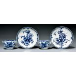 Two Worcester tea bowls and saucers, c1770, painted in underglaze blue with the Mansfield pattern,