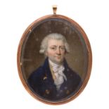 English School, 18th c - Portrait Miniature of a Gentleman, his powdered hair en queue, in a blue