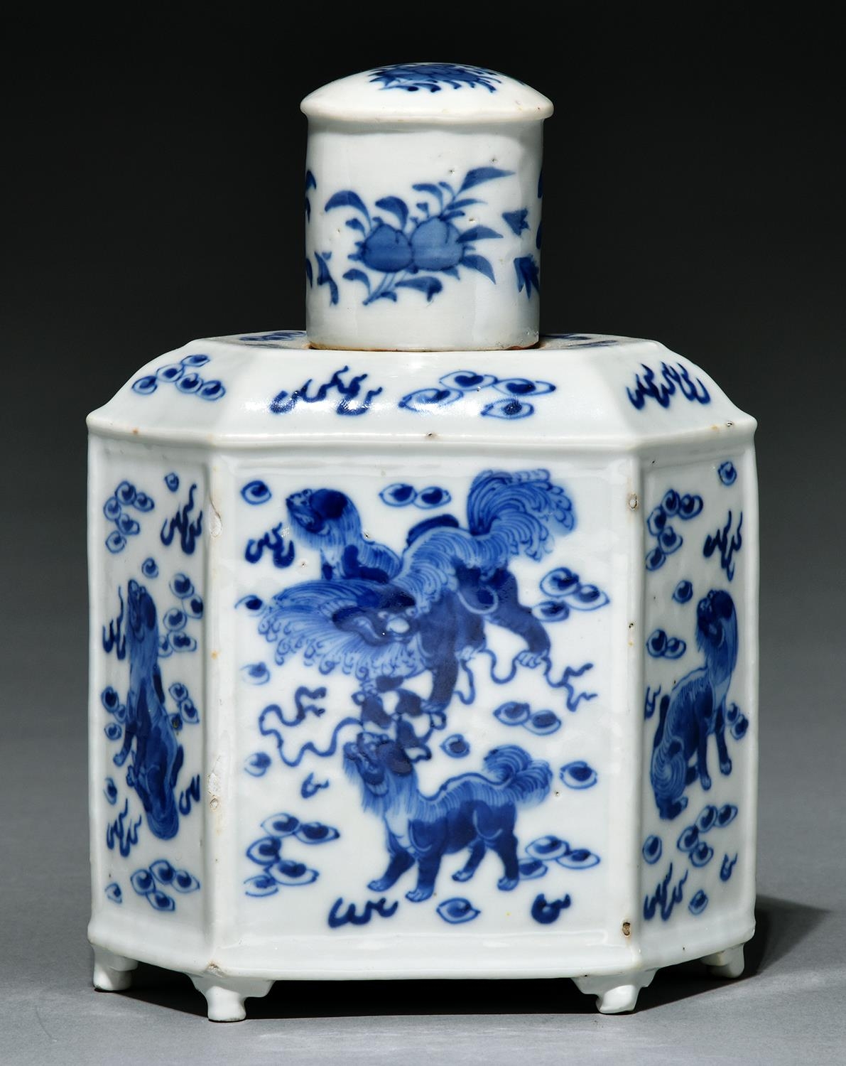 An hexagonal Chinese blue and white tea caddy and cover, painted with dogs of Fo and flowers, 19cm