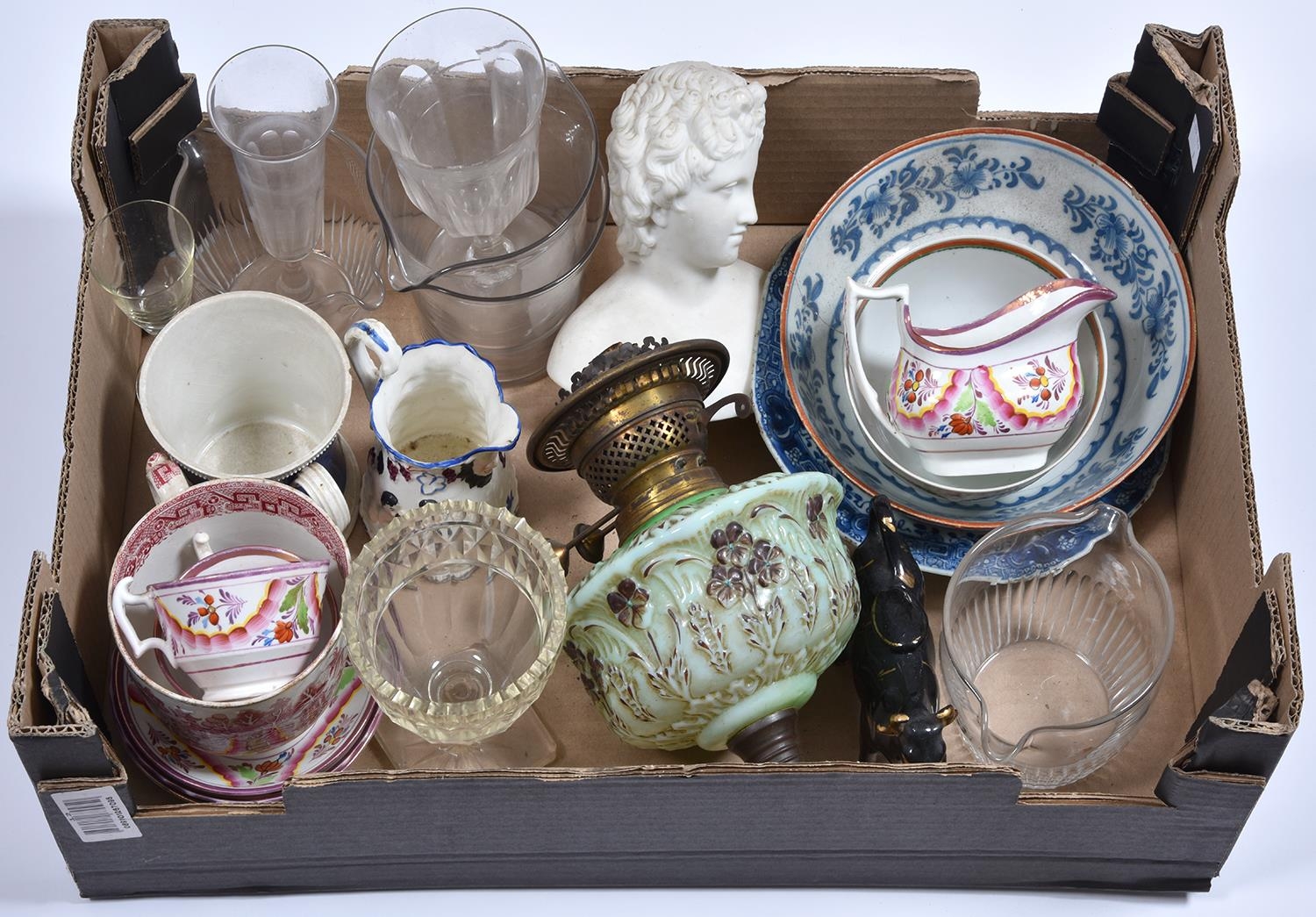 Miscellaneous ceramics and glassware, 19th c, to include a shield shaped cut glass sweetmeat vase,