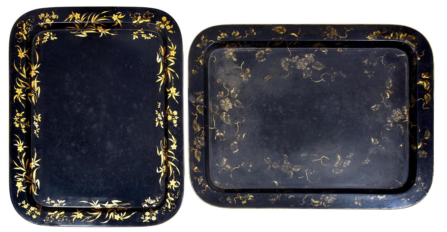 Two English papier mache sandwich edge tea trays, one by Ryton & Walton of Wolverhampton 1820-42,