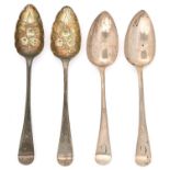 Two pairs of George III silver tablespoons,  Old English pattern, one later chased and gilt as a
