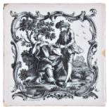 A Liverpool Delftware tile, c1758-61, printed in black by John Sadler with a gallant and shepherds