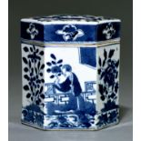 A Japanese blue and white hexagonal jar and cover, 19th c, painted with a lady holding a flower