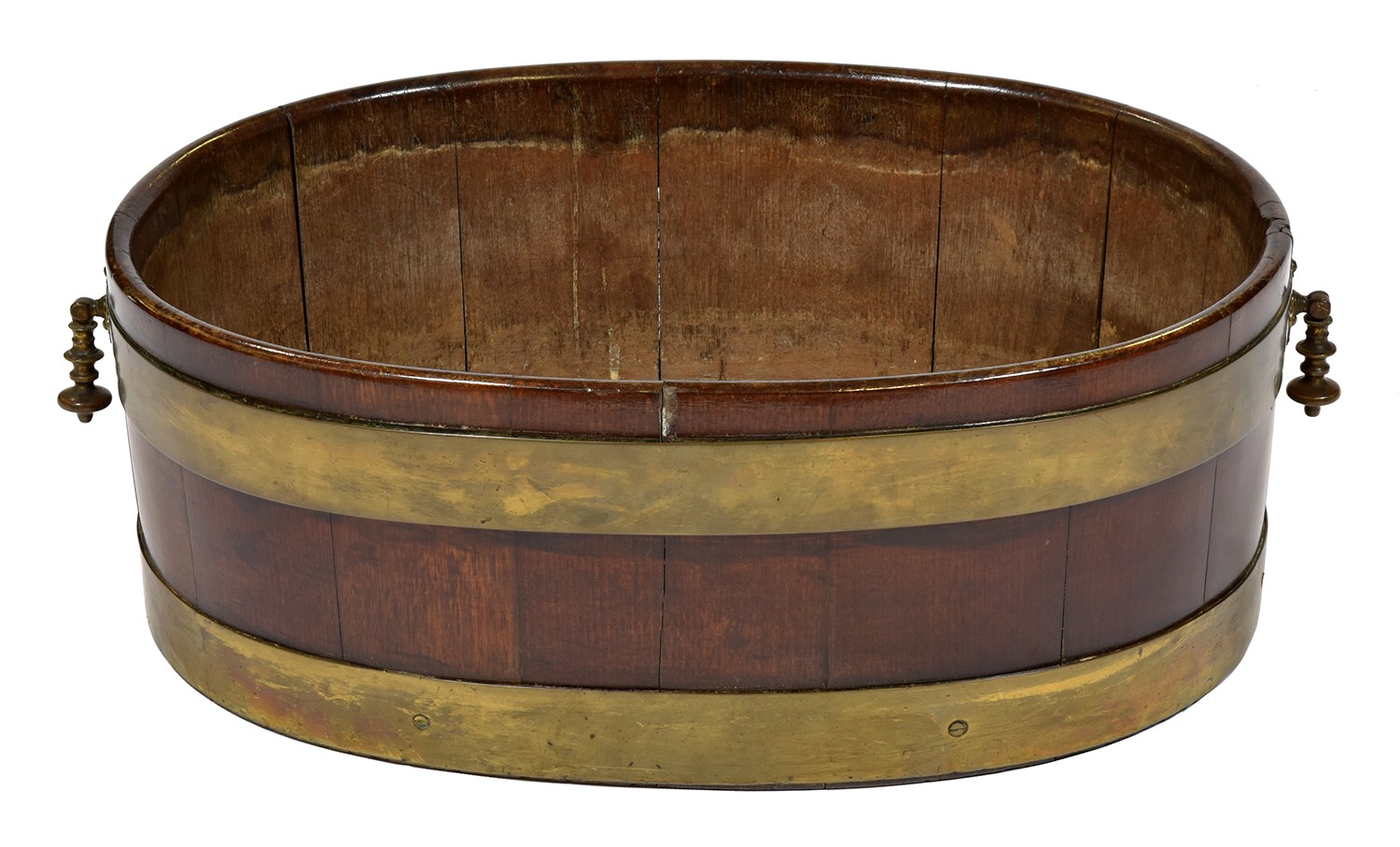 A George III brass bound oval mahogany wine cooler, late 18th / early 19th c, 20cm h; 39 x 55cm