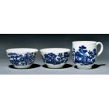 Two Worcester tea bowls and a coffee cup, c1760, transfer printed with the Man in the Pavilion and
