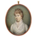 English School, early 19th c - Portrait Miniature of a Lady, in a white dress, 74 x 60mm, gold