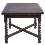 A dark stained oak draw leaf dining table, on spiral legs with stretchers, 75cm h; 91 x 92cm