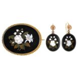 A Victorian pietre dure brooch and pair of similar earrings, c1870, decorated with white flowers