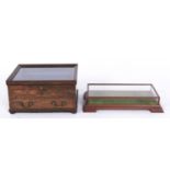 A glazed mahogany-stained wood table top display case and cover, late 20th c, on stepped feet,