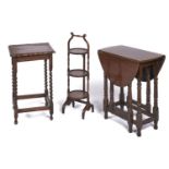 An oak occasional table, an oak gateleg table and a walnut folding cake stand (3) Good condition