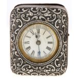 An Edwardian silver mounted leather covered travelling clockcase, of bale shape, 94mm h, by Robert