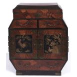 A Japanese brass mounted parquetry and lacquer table cabinet, Meiji period, with pierced brass