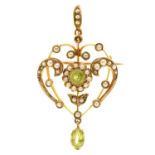 A peridot and split pearl openwork pendant, c1910, in gold, 46mm, marked 9ct, 4.3g Lacking one of