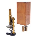 A brass compound microscope, E Leitz Wetzlar, No 68710, c1902, the spring in the limb connected to