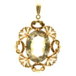 A citrine and cultured pearl pendant, in 9ct gold, 38mm excluding loop, Birmingham 1973, 7.9g Good