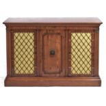 A Regency style yew wood side cabinet, late 20th c, with brass grille doors, 91cm h; 45 x 140cm