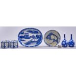 A pair of Chinese hexagonal blue and white cricket cages, a pair of Chinese prunus and cracked ice
