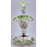 A Victorian semi opalescent glass flower stand, late 19th c, each of the four trumpet vases with