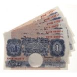 Bank Notes. Bank of England, Peppiatt £1 blue, two consecutive runs of three, J-H and X01H,