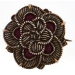 A red fabric, bullion thread and gold backed rose brooch, c1900, 5.1g Good condition