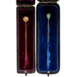 Two Victorian gold stickpins, with black opal or pearl terminal, opal terminal 8.5mm, unmarked,