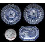 A Chinese export blue and white dish or stand, late 18th c, painted with a landscape with figures on